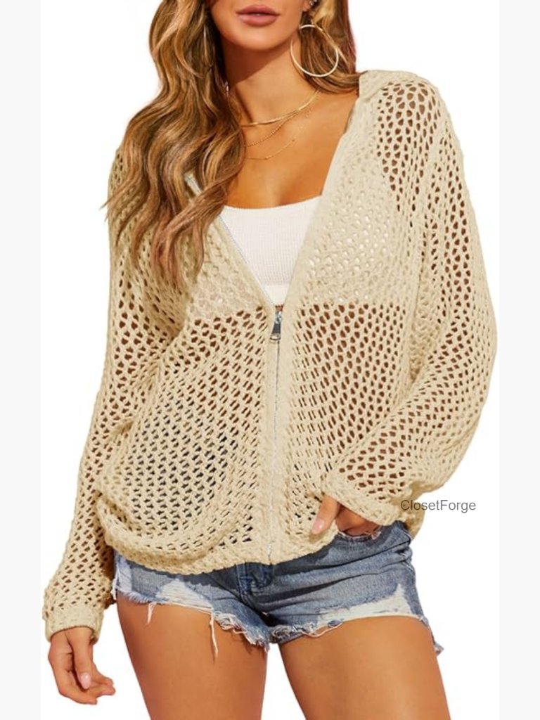 Crochet Lightweight Zip Up Hooded Cardigan Knit Sweater Beach Cover Up